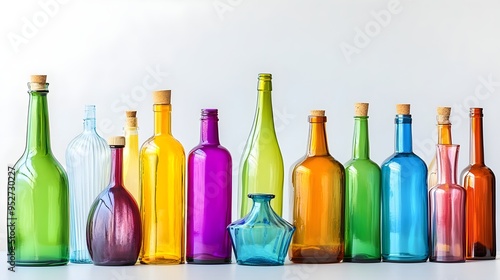 A collection of colorful glass bottles arranged artistically on a light solid color background, perfect for showcasing a vibrant aesthetic