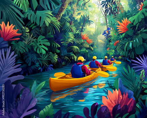 Four people kayak through a lush tropical jungle with vibrant flowers and foliage. photo