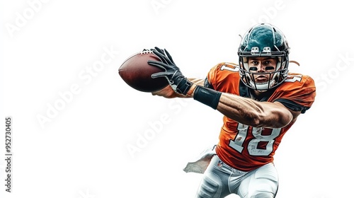 American Football Player in Action: A focused American football player leaps through the air, clutching the ball in his gloved hand, showcasing the intensity and athleticism of the sport. The player'