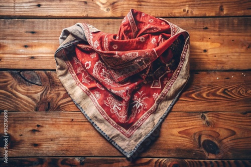 A vintage bandana, distressed and worn, lies crumpled on rustic wood, its subtle texture and creases imbuing it with depth and character. photo