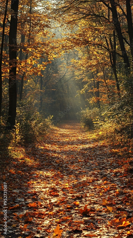Sunbeams illuminate a path through autumnal woods, golden leaves scattered on the ground. Sunbeams illuminate a path through autumnal woods, golden leaves scattered on the ground.