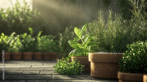 A serene herbal medicine garden with medicinal plants growing vibrantly under the sun, photorealistic, hyper-resolution, natural balance in its purest form