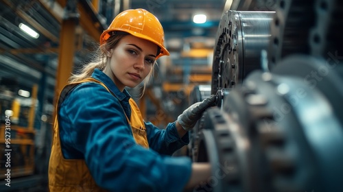 Focused and Determined:  A female industrial worker, clad in safety gear, meticulously inspects a complex machinery component in a bustling factory setting. Her focused gaze and hands-on approach embo photo