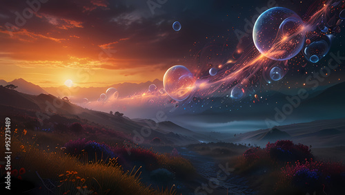 Abstract landscape of vivid, glowing orbs and intricate patterns, resembling an otherworldly spell being cast, with wisps of enchanted mist weaving through the scene photo