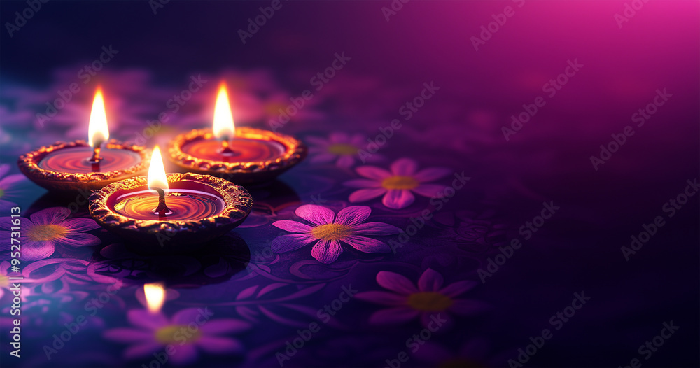 Fototapeta premium Festival of Lights Happy Diwali festival with oil lamp, Rangoli decoration with Diya, Diwali holiday Background vibrant purple background