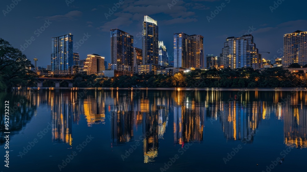 Fototapeta premium Evening panorama of Austin skyline with illuminated buildings