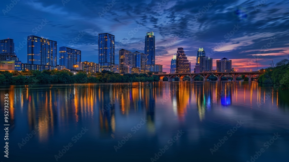 Obraz premium Evening view of Austin skyline reflecting on the river