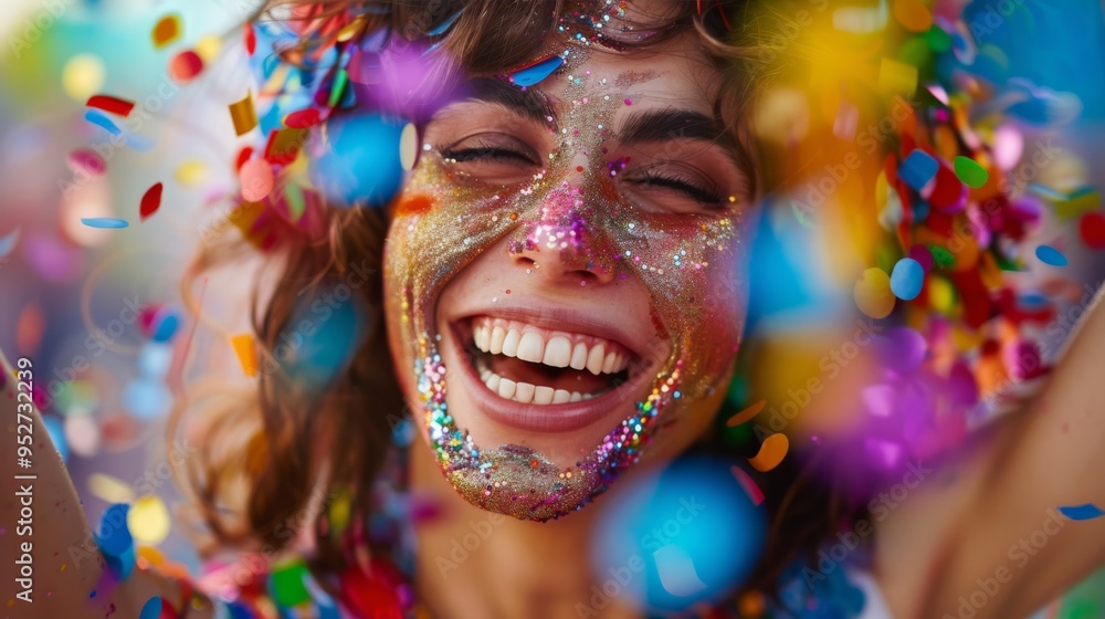 Excited woman at carnival covered in rainbow confetti Excited woman at carnival covered in rainbow confetti