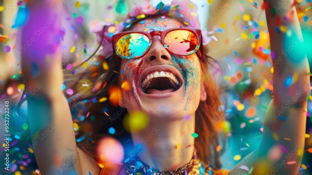 Excited woman at carnival covered in rainbow confetti Excited woman at carnival covered in rainbow confetti