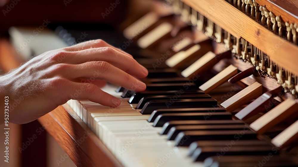 Obraz premium A close-up of a harpsichordist's hands gracefully moving over the keys, emphasizing the intricate details of the instrument on a light solid color background