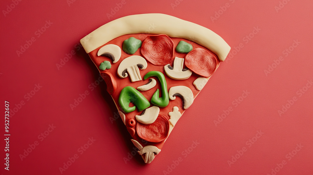 A single slice of pizza made from playdough, featuring pepperoni, mushrooms, green peppers, and cheese on a red background. A single slice of pizza made from playdough, featuring pepperoni, mushrooms, green peppers, and cheese on a red background.