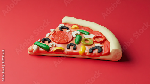 A single slice of pizza with various toppings made of play dough against a red background.