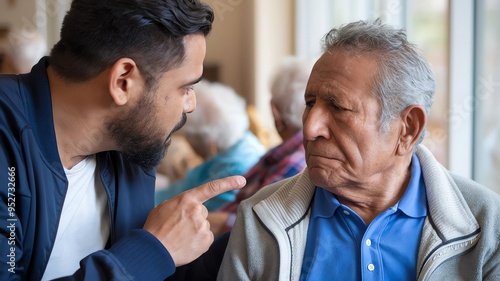 son chatting with elderly father in retirement home