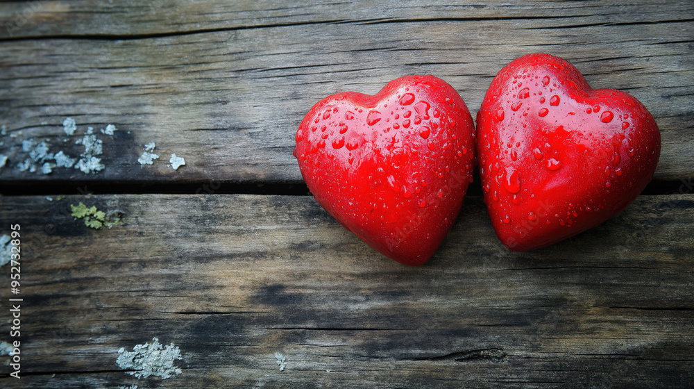 Two Red Hearts On A Wooden Background, Love ,Happiness and Harmony For Valentines Day. Two Red Hearts On A Wooden Background, Love ,Happiness and Harmony For Valentines Day.