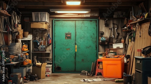 Explore the Untamed Creativity of a Cluttered Garage: Perfect for a Sports-Themed Poster, Featuring Vibrant Tools, a Bright Green Door, and a Moody Atmosphere!