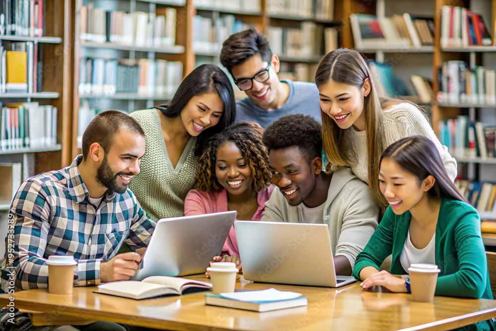 A group of people are sitting around a table in a library, looking at a laptop. They are all smiling and seem to be enjoying themselves. The atmosphere is friendly and relaxed A group of people are sitting around a table in a library, looking at a laptop. They are all smiling and seem to be enjoying themselves. The atmosphere is friendly and relaxed