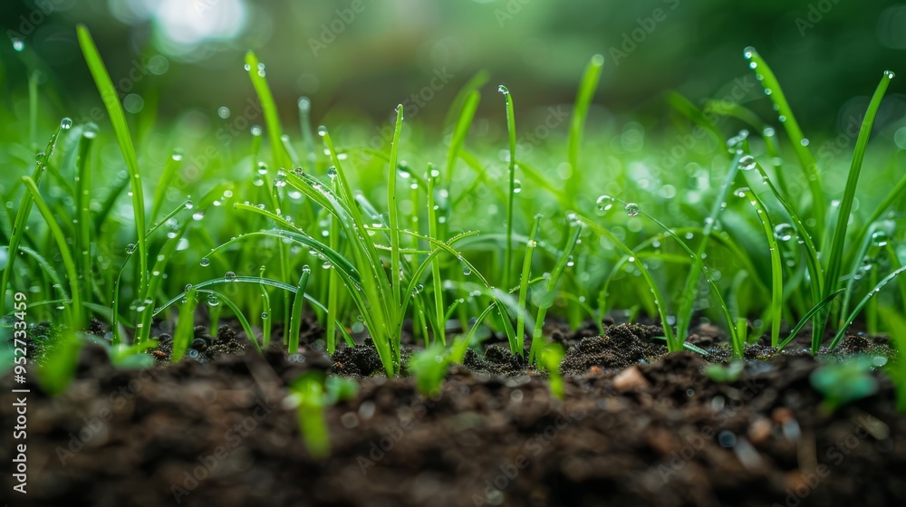 Fresh green grass with rich brown soil, morning dew, vibrant and lush, natural background Fresh green grass with rich brown soil, morning dew, vibrant and lush, natural background