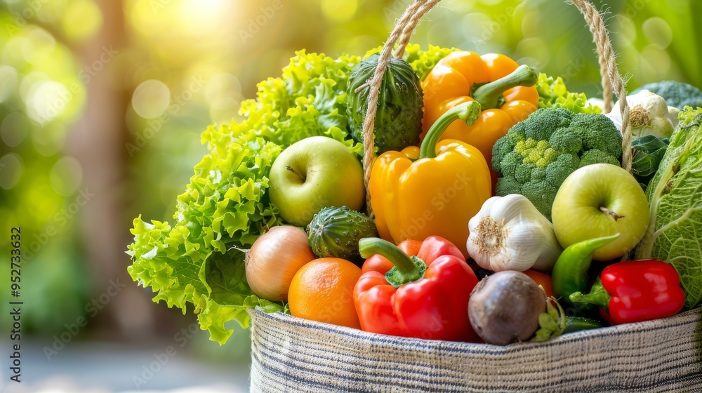 Fresh vegetables and fruits peeking out of a shopping tote Fresh vegetables and fruits peeking out of a shopping tote