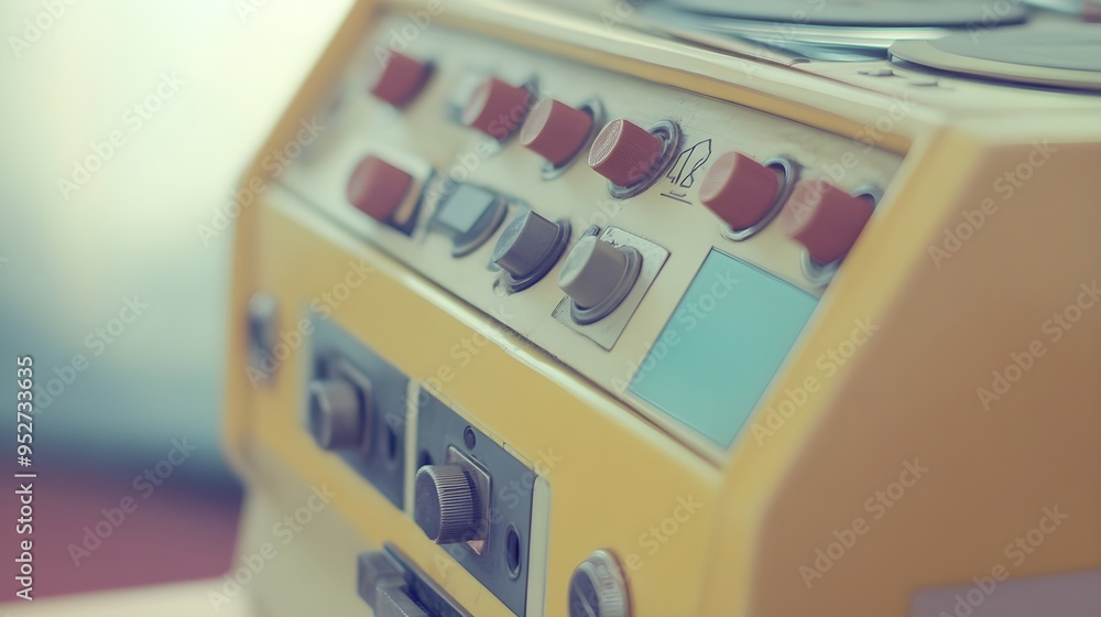 A close-up of a retro recorder player, showcasing intricate details and buttons, against a soft pastel backdrop A close-up of a retro recorder player, showcasing intricate details and buttons, against a soft pastel backdrop