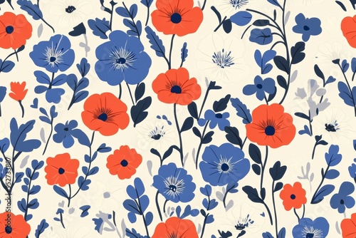 Colorful floral pattern with blue red flowers
