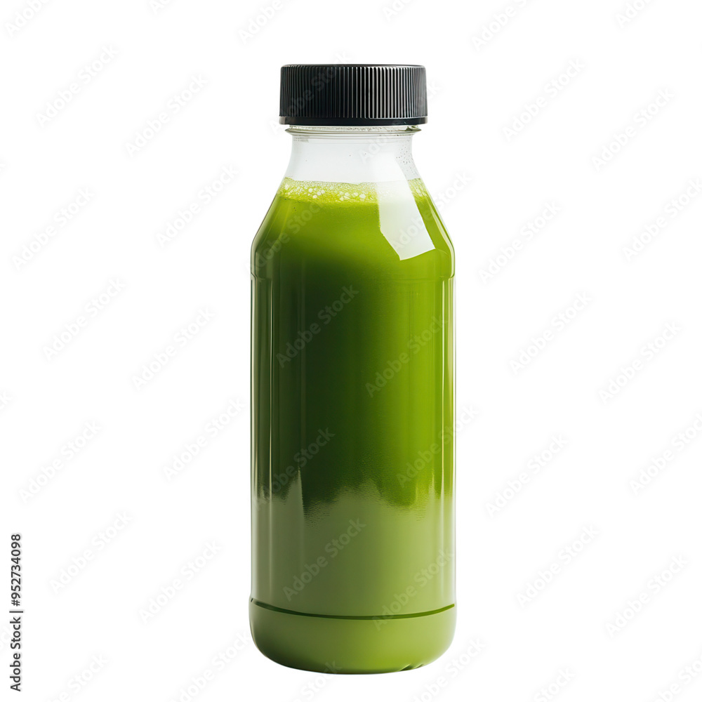 Fresh green juice in a sleek bottle, transparent background