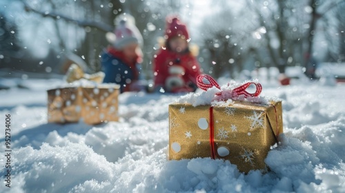 Gift boxes in snow with children playing in the background