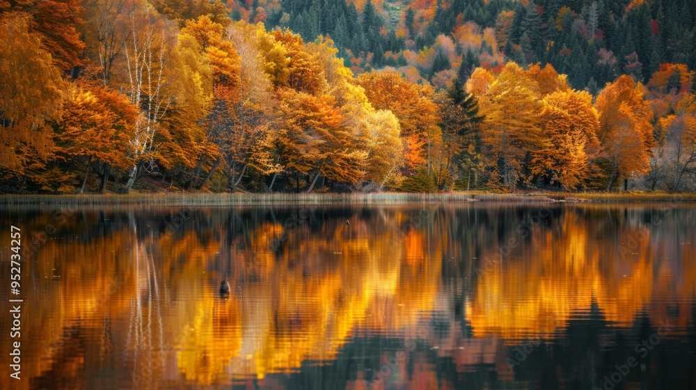 Golden autumn trees reflecting on a serene lake with vibrant foliage Golden autumn trees reflecting on a serene lake with vibrant foliage