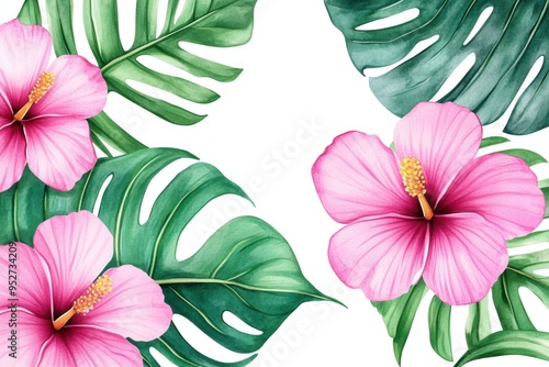 Tropical hibiscus flowers monstera leaves on white background #952734209