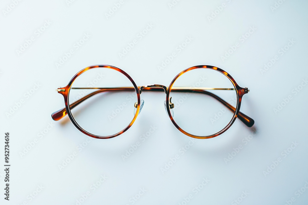 Overhead shot of round eyeglasses on white table with copyspace. Overhead shot of round eyeglasses on white table with copyspace.