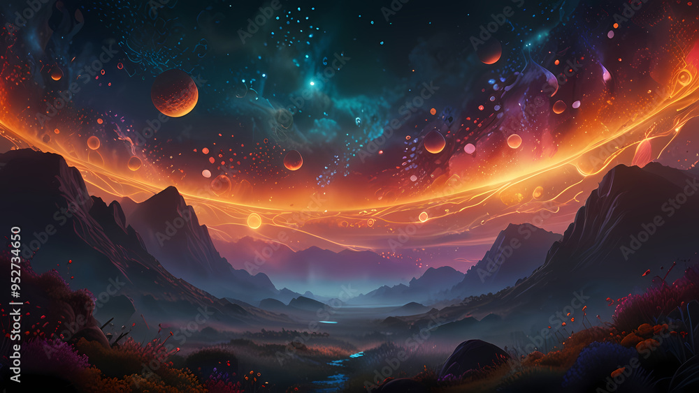 Abstract landscape of vivid, glowing orbs and intricate patterns, resembling an otherworldly spell being cast, with wisps of enchanted mist weaving through the scene Abstract landscape of vivid, glowing orbs and intricate patterns, resembling an otherworldly spell being cast, with wisps of enchanted mist weaving through the scene