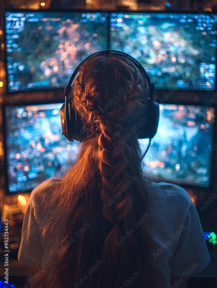 Female Gamer with Braid Focused on Gaming Screens
Female Gamer with Braid Focused on Gaming Screens
