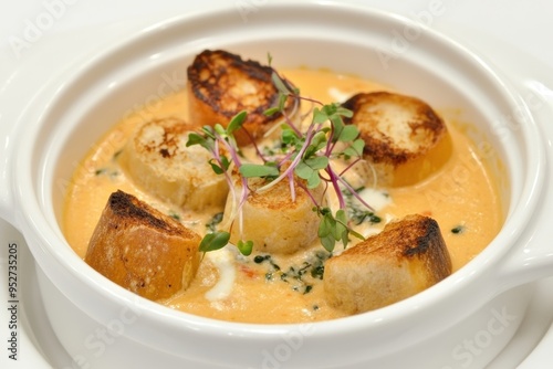 Gourmet creamy soup with seared scallops croutons