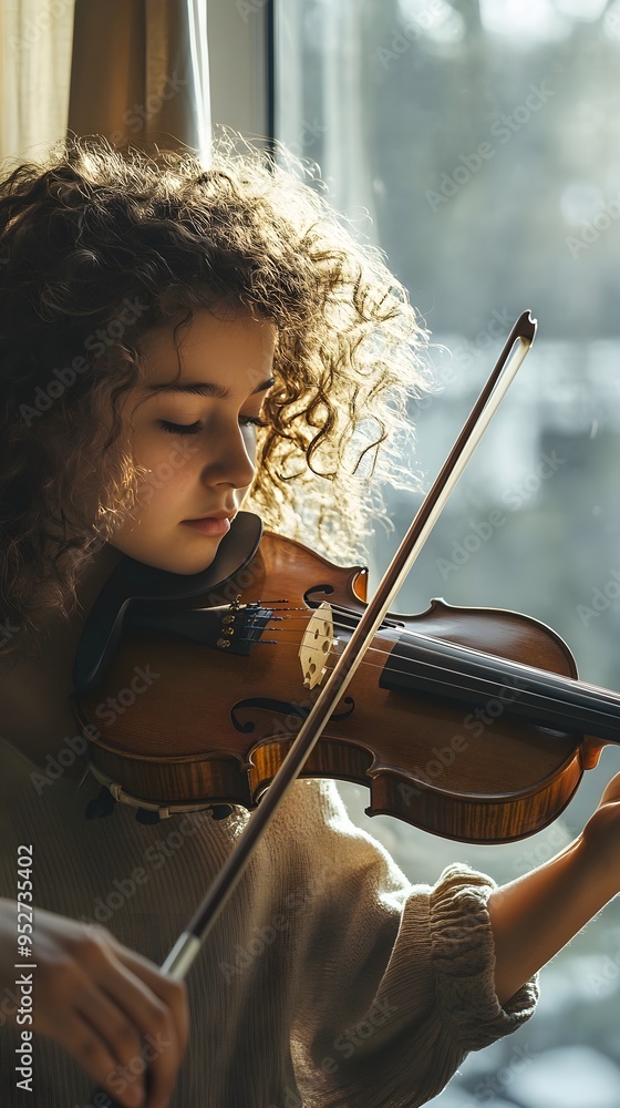 A young violinist with curly hair practicing in a sunlit room, showcasing dedication and focus A young violinist with curly hair practicing in a sunlit room, showcasing dedication and focus