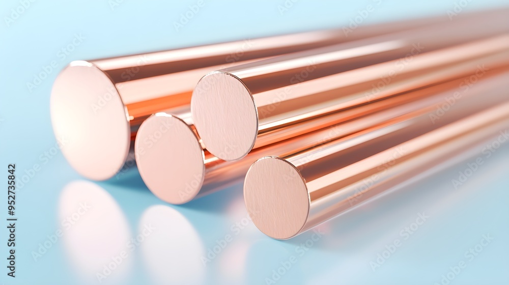 Naklejka premium A close-up view of a polished copper bar reflecting light, set against a pale blue background