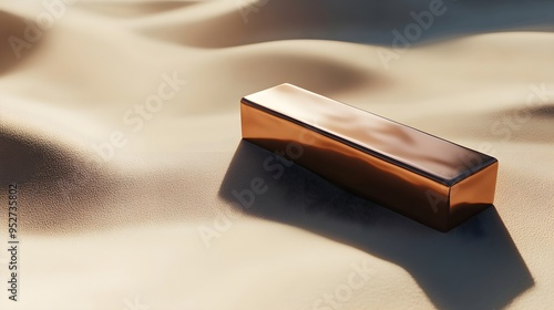 A shiny copper bar lying on a smooth, light beige surface with soft shadows creating depth photo