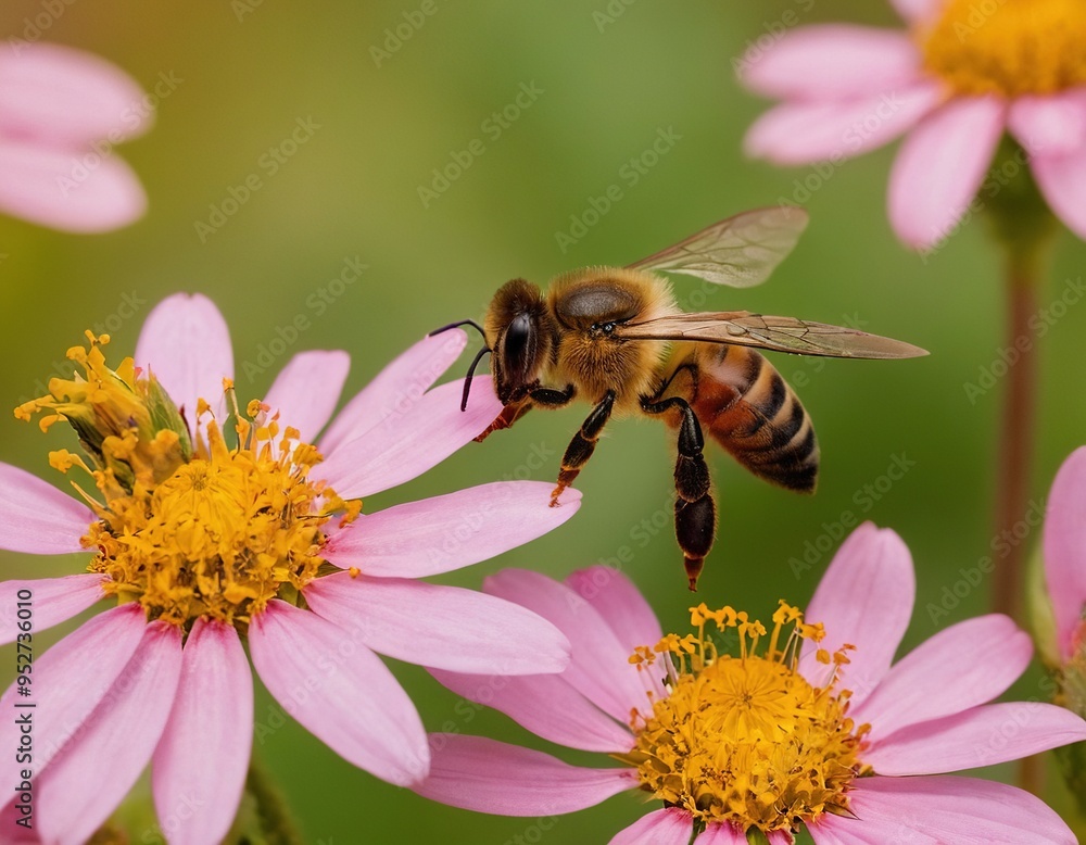 A honey bee pollinates a delicate pink flower, highlighting the vital role insects play in nature's ecosystem. A honey bee pollinates a delicate pink flower, highlighting the vital role insects play in nature's ecosystem.