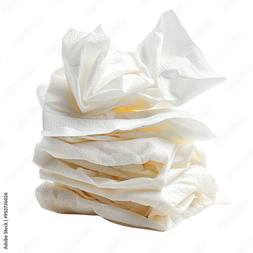 A stack of crumpled white tissue paper, isolated on white background, transparent background A stack of crumpled white tissue paper, isolated on white background, transparent background