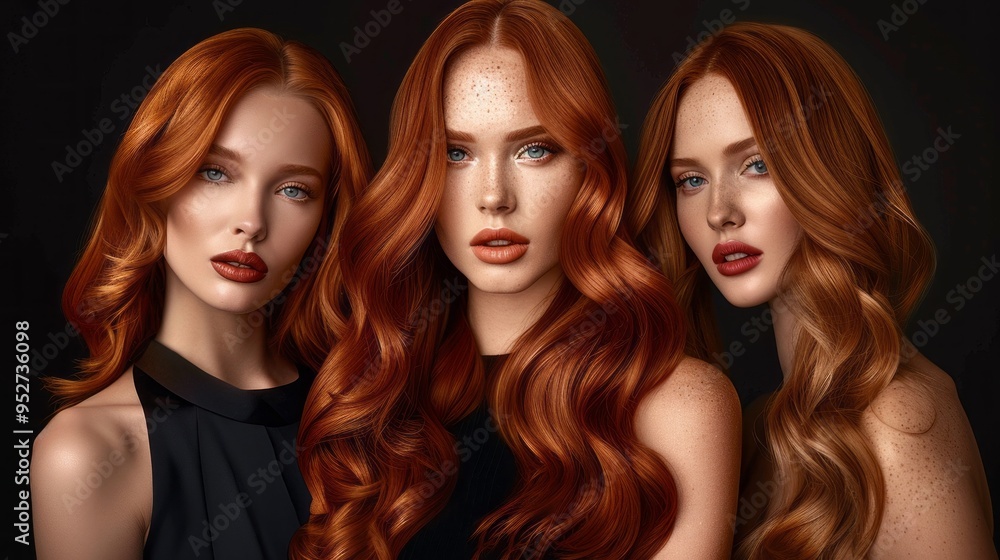 Three women with long red hair are posing for a photo Three women with long red hair are posing for a photo
