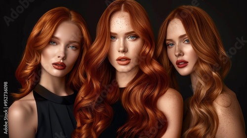 Three women with long red hair are posing for a photo