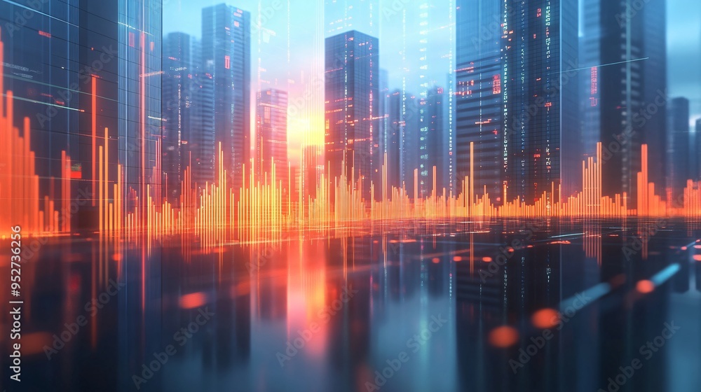 Modern 3D of Investment Strategies Influencing Financial Growth Trends with Stock Market Symbols City skyline background Modern 3D of Investment Strategies Influencing Financial Growth Trends with Stock Market Symbols City skyline background