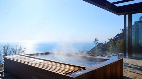 A tranquil atami experience with steam rising from a wooden onsen tub, set against a clear blue sky photo