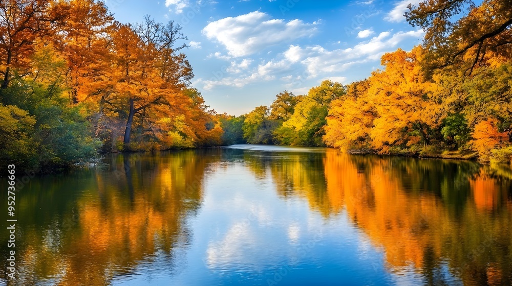 A calm river reflecting the vibrant colors of autumn foliage, surrounded by trees and wildlife A calm river reflecting the vibrant colors of autumn foliage, surrounded by trees and wildlife