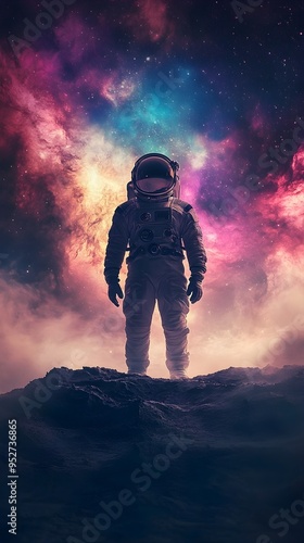 An astronaut standing on the surface of an alien planet, with a colorful nebula visible in the sky