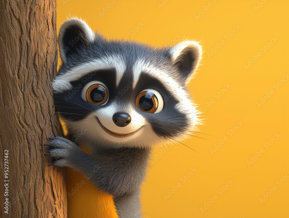 Cute Cartoon Raccoon Holding a Tree Trunk Cute Cartoon Raccoon Holding a Tree Trunk