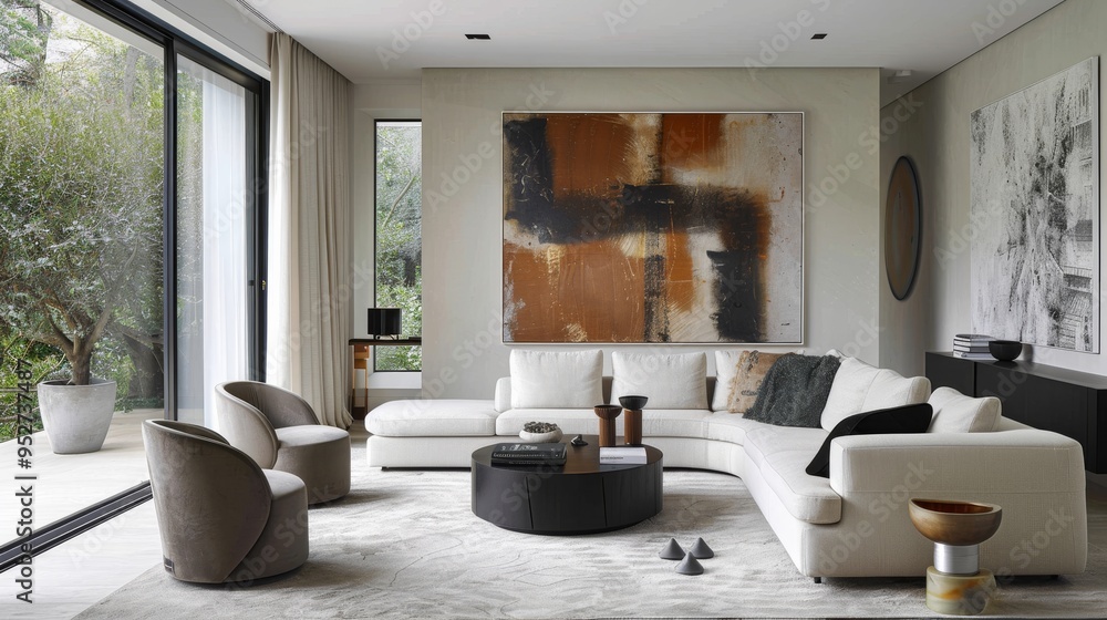 High-end living room with minimalist design and tasteful artwork High-end living room with minimalist design and tasteful artwork