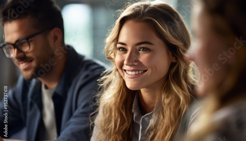 Wallpaper Mural A young woman with curly hair and glasses smiling during a conversation indoors, with a warm and friendly atmosphere. The image captures a moment of joy and interaction. Torontodigital.ca
