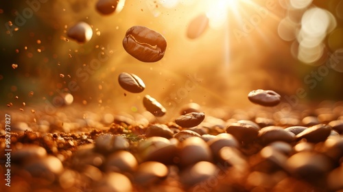 Hovering coffee beans with a soft focus background and warm light photo