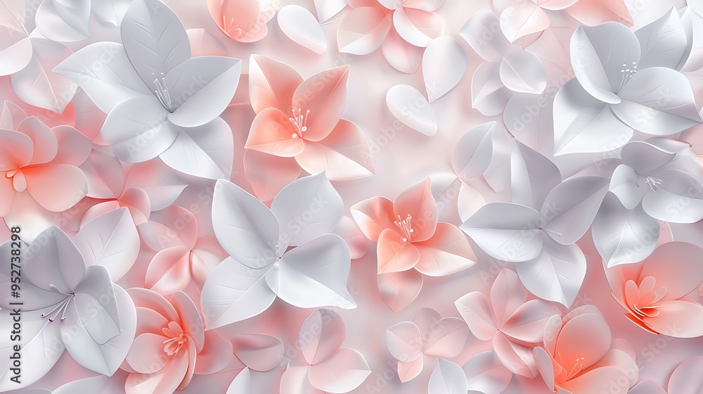 Delicate and feminine geometric floral pattern with white and pink 3D leaves, perfect for Mother's Day, abstract illustration