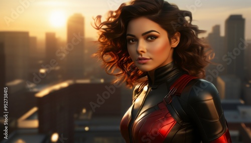 A woman in a superhero costume stands confidently on a rooftop at sunset, with the city skyline behind her. The image conveys a sense of empowerment and readiness.