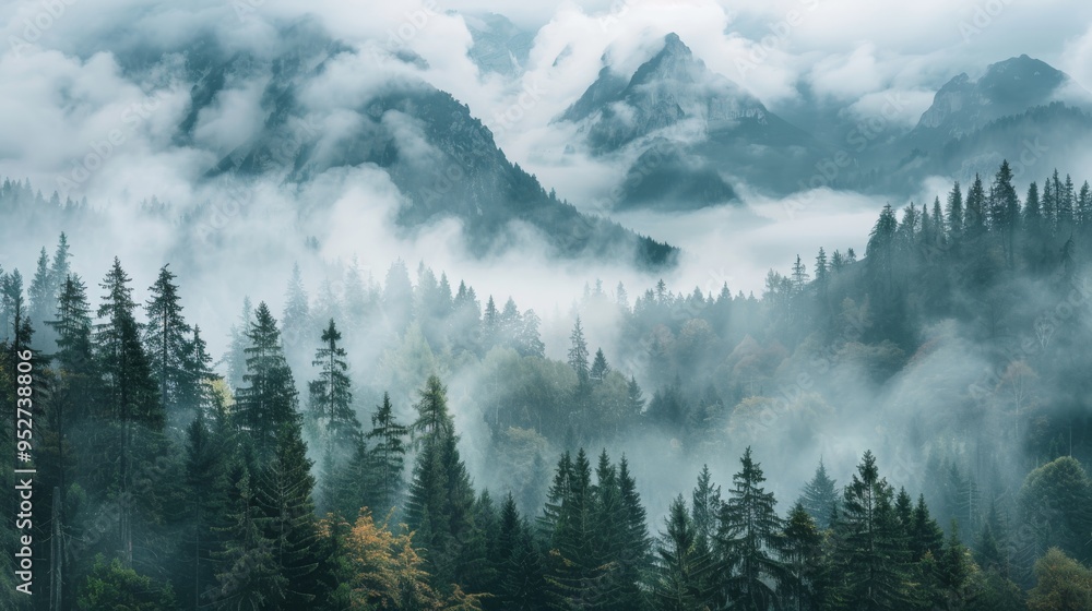 Misty mountain forest landscape with clouds drifting over peaks Misty mountain forest landscape with clouds drifting over peaks